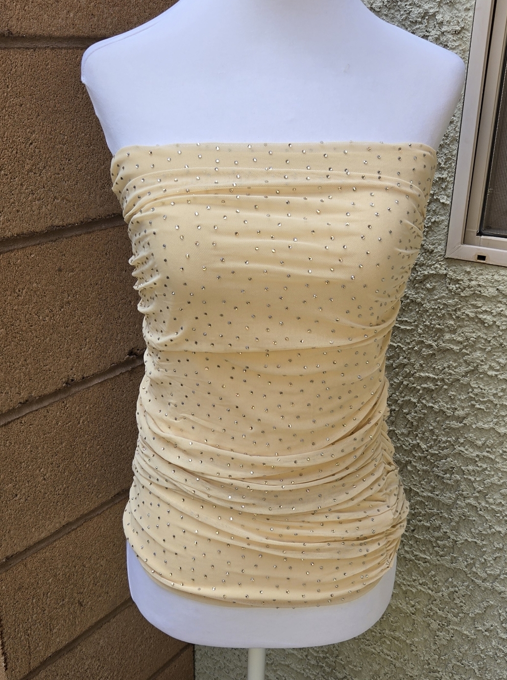 AFRM Los Angeles Strapless Ruched Yellow Crystal-Embellished Top